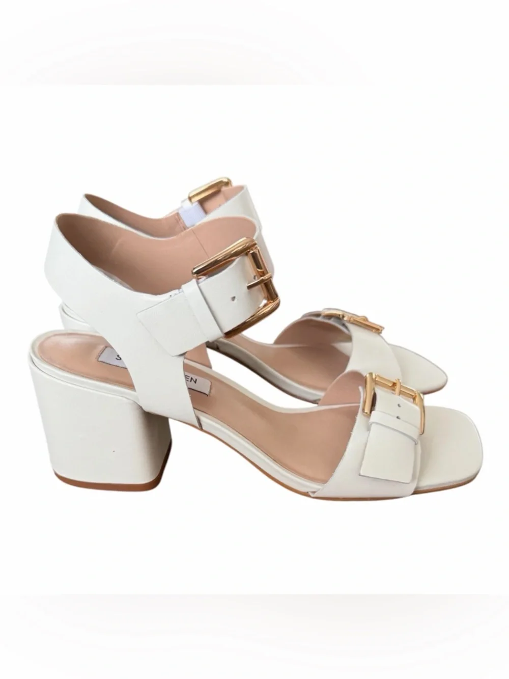 Steve Madden White‎ Block Heel Sandals with Gold Buckles - Ankle Strap